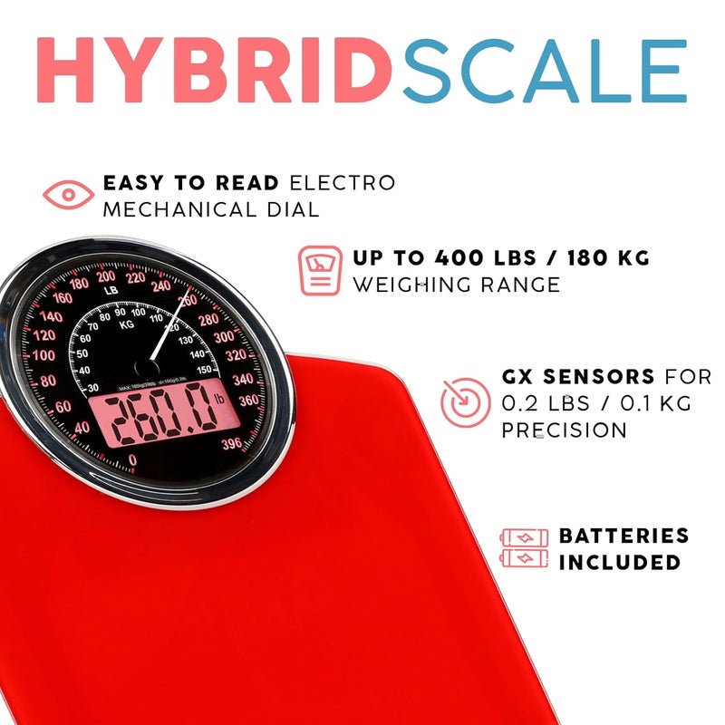 Adamson Hybrid 2-in-1 Analog & Digital Weighing Scale for Body Weight up to 400lbs - Thick Tempered Glass - Extra Large Display - Easy to Read Digital Bathroom Scale - New - Red - Image 2